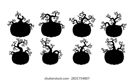 Collection of black tree and pumpkin silhouettes ideal for Halloween themed decorations and festive designs.