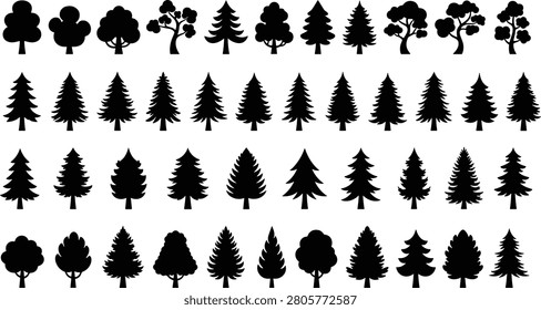 Collection of black tree silhouettes featuring diverse styles including broadleaf and coniferous forms arranged in rows for nature, forest, landscape, and design projects