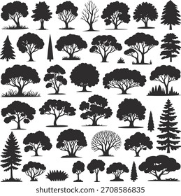 Collection of black tree silhouettes on white background