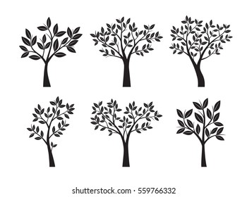 Collection of Black Trees with Leafs. Vector Illustration.
