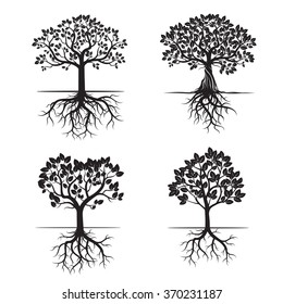 Collection of Black Trees and Roots. Vector Illustration.