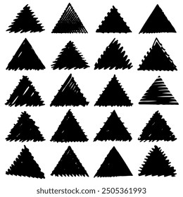 A collection of black triangles positioned on a crisp white background