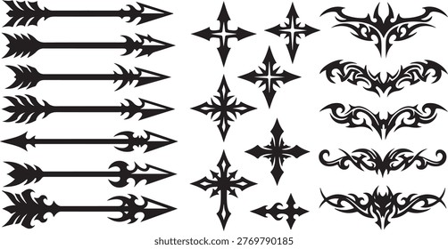 A collection of black tribal-style graphic elements including various arrow designs, stylized crosses, and symmetrical ornamental tattoo patterns on white.