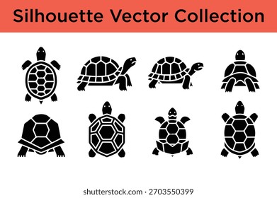 A collection of black turtle and tortoise silhouettes in various poses and styles, perfect for design elements.