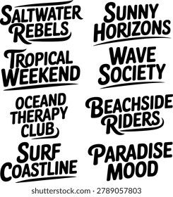 Collection of black typography slogans about beach life and surfing, featuring bold lettering and wavy lines, isolated on a white background