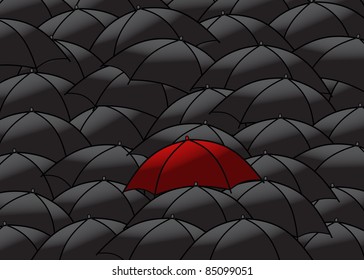 Collection of black umbrellas, with one unique red, vector