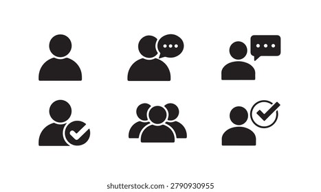 Collection of black user avatar icons featuring speech bubbles checkmarks and group silhouettes for UI.