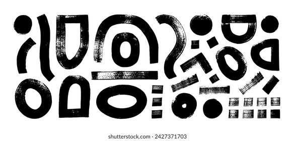 Collection black various geometric brush drawn shapes. Bold brush drawn geometric elements like curls, squiggles, dashes, ovals and circles. Grunge smears set. Random childish doodle figures.