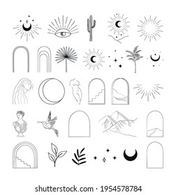 Collection of black vector abstract modern arch esoteric line drawing logo design elements, decorative illustrations and icons for various occasions and purposes. Trendy line art style