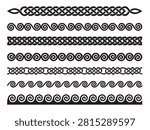 Collection of black vector border designs on a white background, featuring both intricate Celtic knotwork braids and classical repeating wave and scroll patterns.