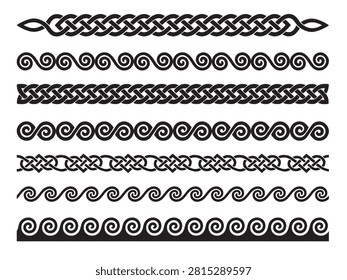 Collection of black vector border designs on a white background, featuring both intricate Celtic knotwork braids and classical repeating wave and scroll patterns.