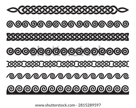 Collection of black vector border designs on a white background, featuring both intricate Celtic knotwork braids and classical repeating wave and scroll patterns.