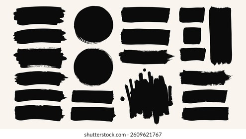 Collection of black vector brush stroke shapes including circles, rectangles, and abstract paint textures on a light background