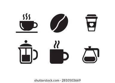 Collection of black vector coffee symbols including cafe beverage cups and professional brewing equipment kit.