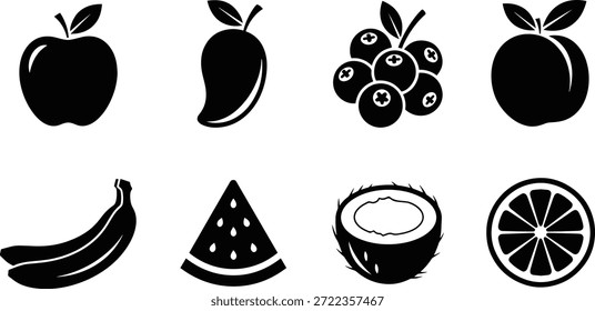 Eine Sammlung schwarzer Vektorfruchtsilhouetten auf weißem Hintergrund, darunter Apfel, Banane, Mango, Trauben, Wassermelone, Kokosnuss und Orange
