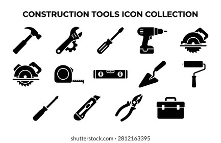A collection of black vector icons depicting various construction tools, isolated on a white background for easy use.