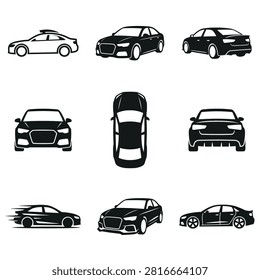 A collection of black vector icons featuring a luxury sedan car from multiple angles including front, rear, side, and top views, designed with a clean minimalist aesthetic.