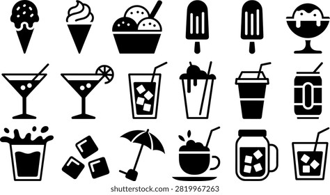 A collection of black vector icons featuring various cold beverages, cocktails, popsicles, and ice cream cones. Ideal for menu design, summer party graphics, cafe branding, and food service signage.