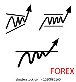 Collection of black vector icons forex themes: market consolidation, triangle technical analysis figure, resistance level breakdown