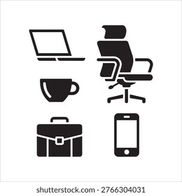 Collection of black vector icons for office workplace items: laptop, coffee cup, chair, briefcase, and smartphone.