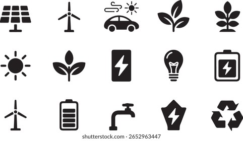 A collection of black vector icons on a white background. The icons depict various elements related to energy and nature, including a solar panel, a wind turbine, an electric car with exhaust, a sun,