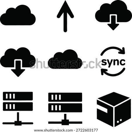 A collection of black vector icons on a white background depicting cloud computing elements including clouds with download and upload arrows, a sync symbol, servers, and a data cube.