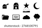 A collection of black vector icons representing astronomy, science, and nature elements. Includes a telescope, observatory, starburst, crescent moon, file folder, laptop with waveform, cloud, and a tree, ideal for web design and informational graphics.