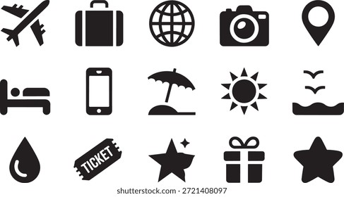 Colección de iconos de vectores negros que representan viajes y vacaciones en el fondo blanco viajes, vacaciones, iconos, Vector, negro