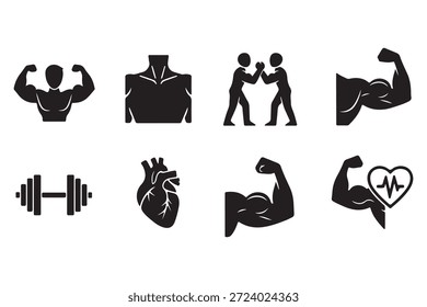 Sammlung schwarzer Vektorsymbole für Fitness, Bodybuilding, Herzgesundheit und Stärke