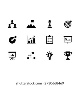 Colección de iconos de vectores negros que representan los objetivos de la estrategia empresarial y la innovación