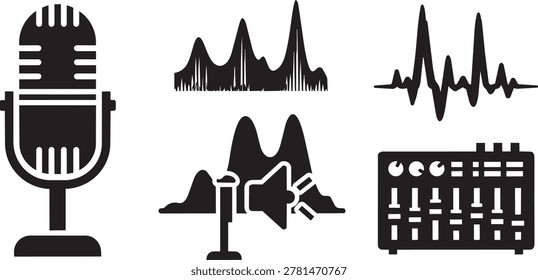 A collection of black vector icons representing audio equipment and sound visualization, featuring a microphone, sound waves, and a professional mixer.