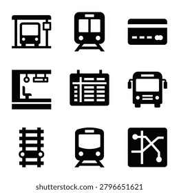 A collection of black vector icons representing public transportation, including buses, trains, railway tracks, schedules, payment cards, and transit maps.
