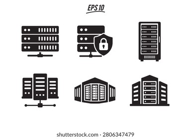 A collection of black vector icons representing server racks database storage network security with padlocks and data center buildings for technology concepts
