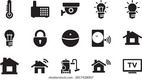 A collection of black vector icons representing smart home technology, home automation, security, and household appliances, isolated on a white background.