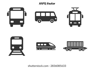 A collection of black vector icons representing various modes of urban transportation and logistics including buses trains and cargo containers