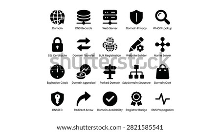 Collection of black vector icons representing various aspects of domain and website management. Includes symbols for domain transfer