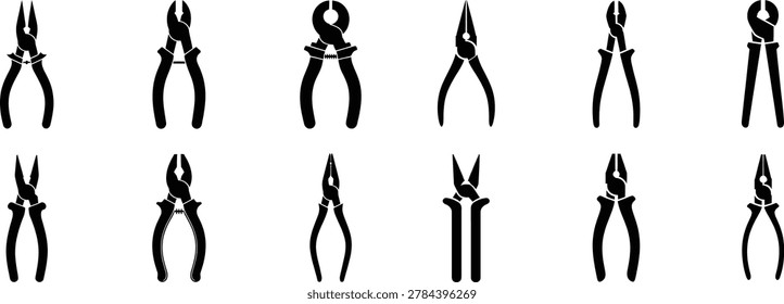 Collection of black vector icons showing different types of pliers and gripping tools. Essential hardware equipment for diy projects and industrial maintenance services.