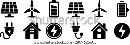 Collection of black vector icons for sustainable and green energy. symbols feature solar panels, wind power, battery storage, and electric homes, ideal for environmental projects, energy companies, or educational materials with a modern touch.