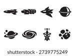A collection of black vector illustrations depicting various space elements. This set includes rockets, fighter jets, planets, a galaxy, a satellite dish, and asteroids. Ideal for science fiction themes, educational materials, or graphic design projects.