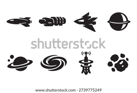 A collection of black vector illustrations depicting various space elements. This set includes rockets, fighter jets, planets, a galaxy, a satellite dish, and asteroids. Ideal for science fiction themes, educational materials, or graphic design projects.