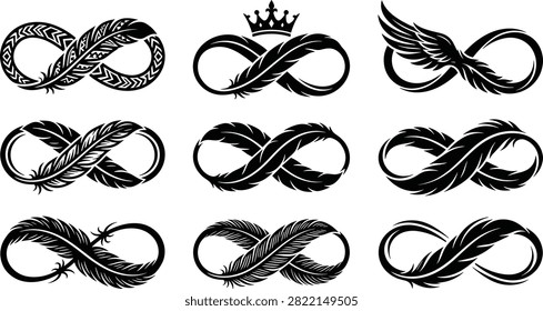A collection of black vector infinity loop symbols decorated with feathers, tribal patterns, wings, and a crown for spiritual logos and tattoo designs.