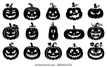 A collection of black vector pumpkins with different carved faces, isolated on a white background, perfect for Halloween designs and autumn themes.