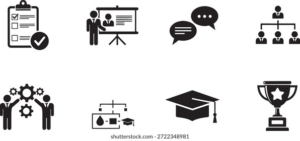 A collection of black vector silhouette icons representing business, achievement, and education concepts