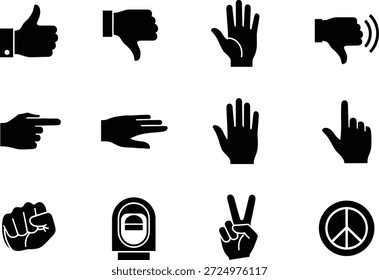 Eine Sammlung schwarzer Vektorsilhouettensymbole mit verschiedenen Handgesten und Symbolen, darunter Daumen hoch und runter, Friedenszeichen und mehr.