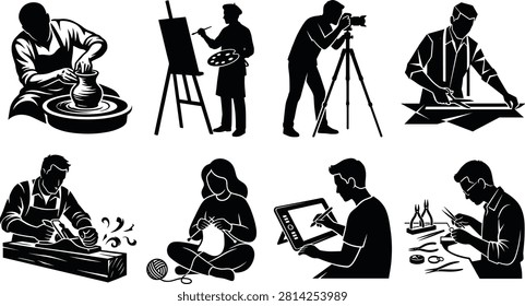 A collection of black vector silhouette icons depicting various craftspeople, artists, and creators engaged in creative hobbies and professional occupations on a white background.