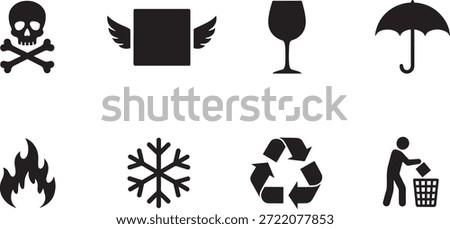 A collection of black vector silhouette icons on a white background, including symbols for warning, weather, recycling and hazards