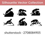 A collection of black vector silhouettes of big cats like panthers, pumas, or cougars, depicted on rocks.