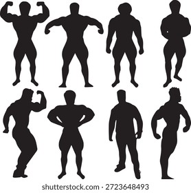 A collection of black vector silhouettes depicting male bodybuilders striking various flexed and muscular poses, ideal for fitness, gym, and strength-related designs and iconography.