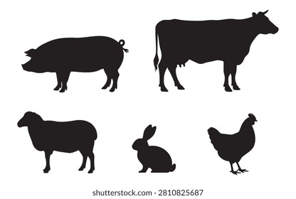 Collection of black vector silhouettes of farm animals including cow, pig, sheep, rabbit, and chicken.