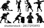 A collection of black vector silhouettes featuring ancient Roman legionnaires digging with shovels, carrying timber, hammering stakes, and constructing military camps.